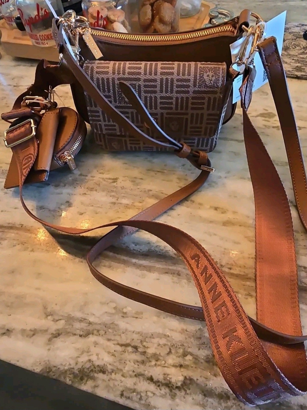 Anne Klein Brown Monogram Crossbody with Wide Logo Strap Nwt